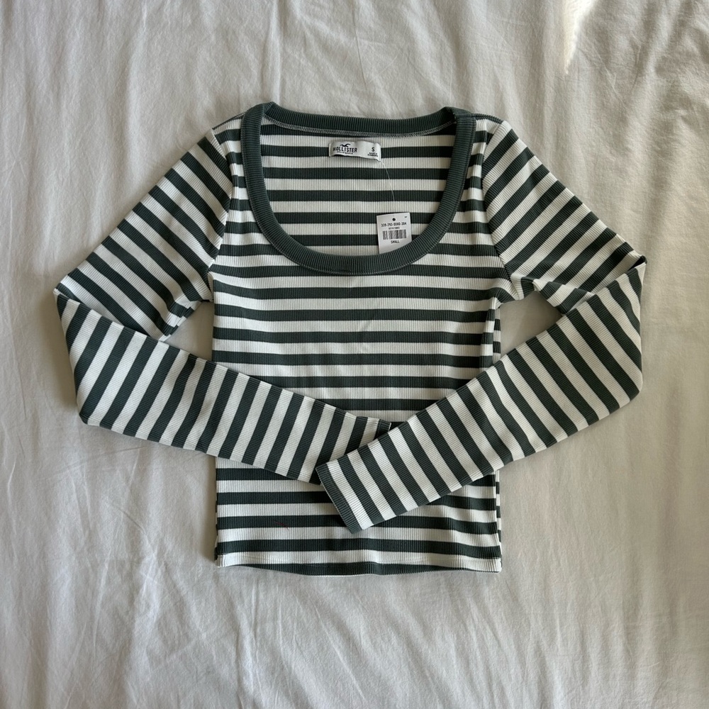 Hollister Green and White Striped Top